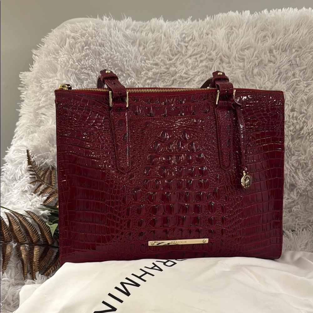 Brahmin Red Textured Leather Tote with Gold Accents